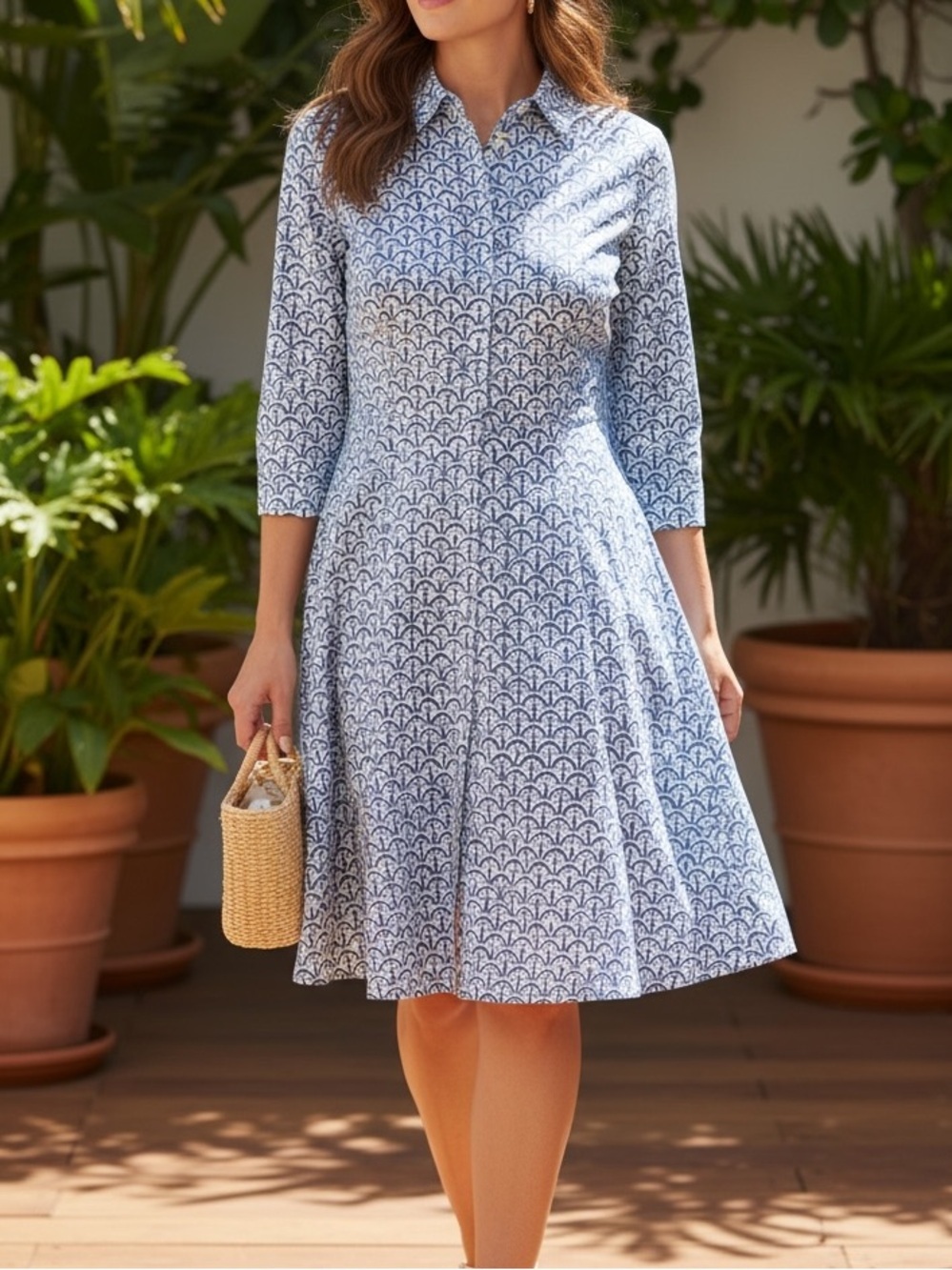 Sigrid Olsen Light Blue Printed Linen Blend Shirt Dress